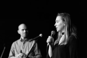 Black and white photo of Storycollider podcast event